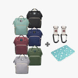 Alle Farben des Wickelrucksacks Uni. zusammen mit Kinderwagenhaken und Wickelunterlage Das Design ist ähnlich zu Pomelo Best, Anello, Lekebaby, Queenya oder lequeen